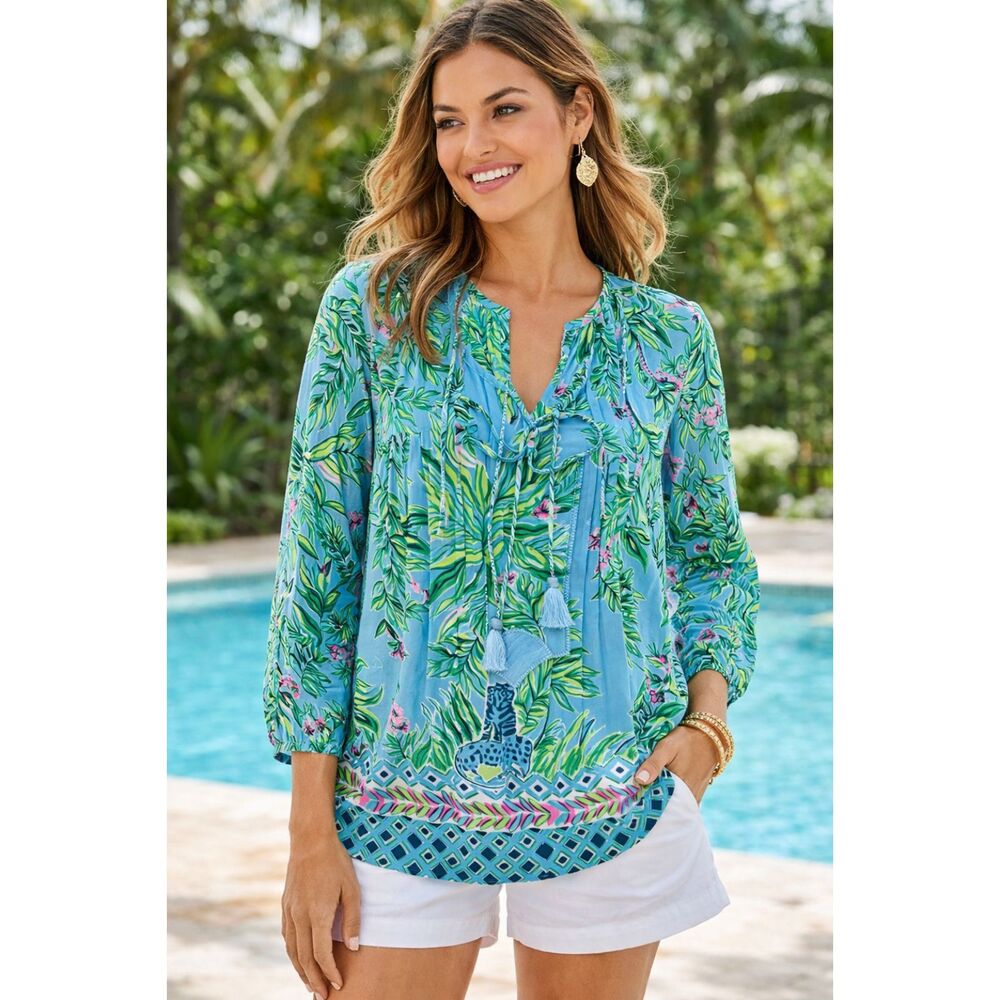 Lilly Pulitzer Tropical Print Tassel Blouse Size Medium